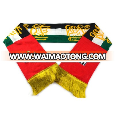 Factory OEM double layer UAE Knitting Pattern national day flag scarf with gold text and fringes